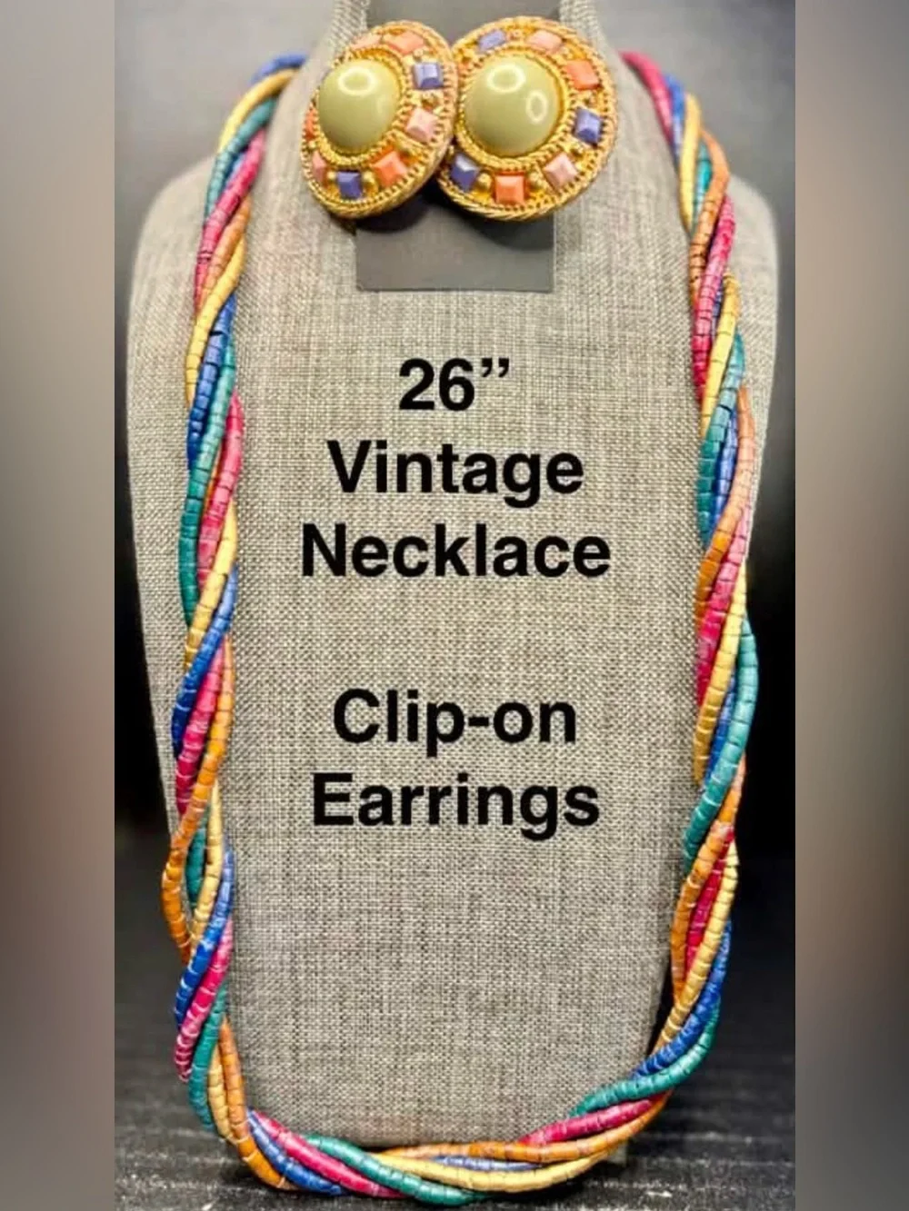Multicolor Twisted Bead Necklace with Gold Clip-On Earrings